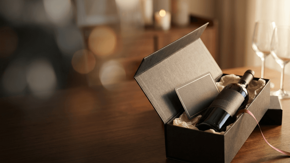An elegant wine gift with an OnlyWines voucher in an open gift box