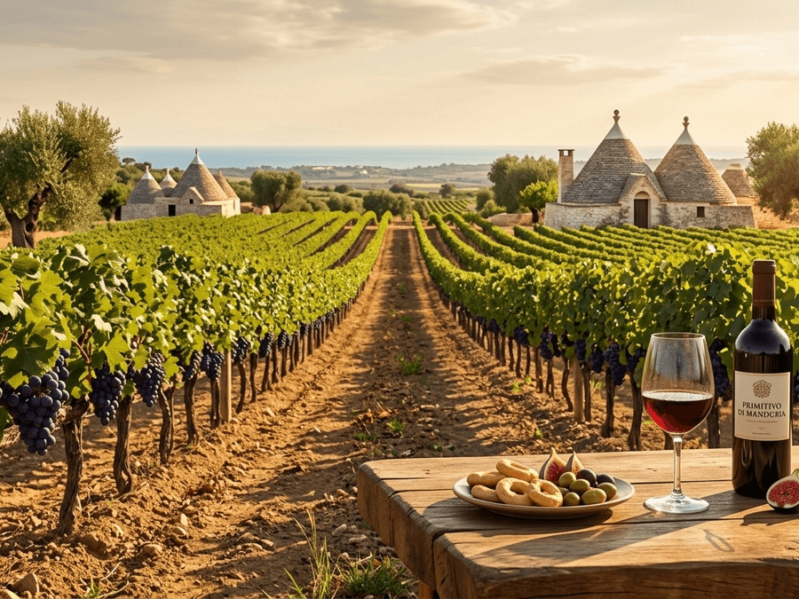 Weinberg in Apulien, Italien, mit sonnenverwöhnten Weinstöcken und Olivenbäumen