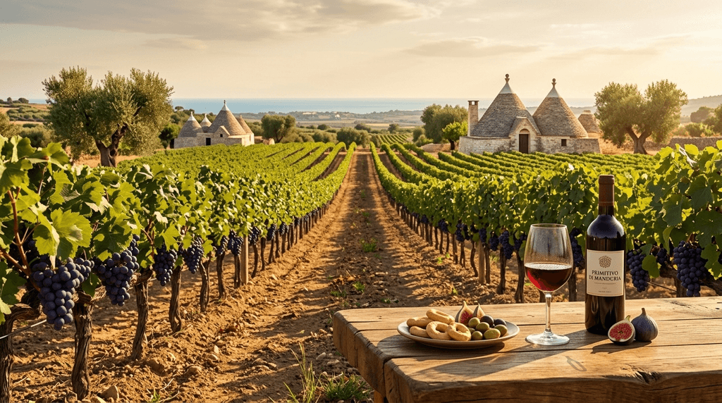 Wijngaard in Puglia, Italië, met zonovergoten druivenstokken en olijfbomen