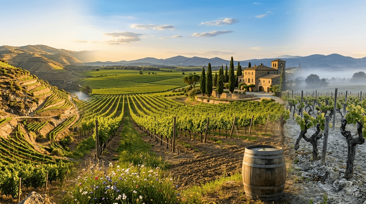 Kaart met de belangrijkste wijnregio's en hun typische smaakprofielen