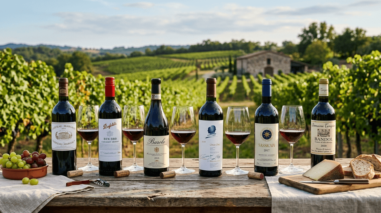 Een tafel met diverse flessen rode wijn