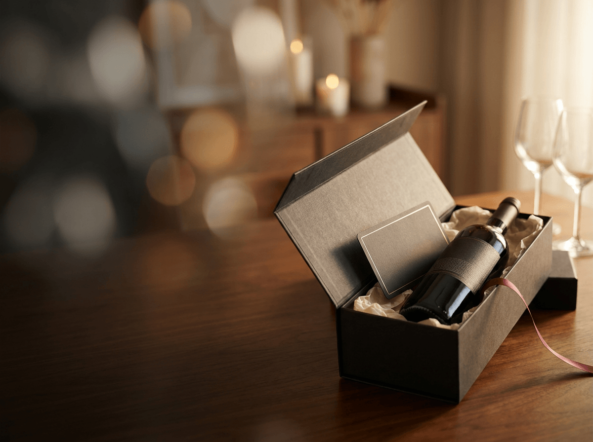 Elegant wijn cadeau met OnlyWines-waardebon in een open geschenkdoos